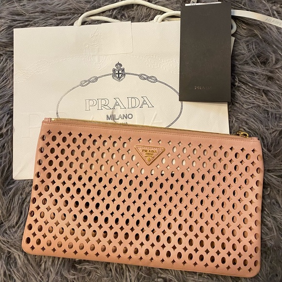 prada woven clutch